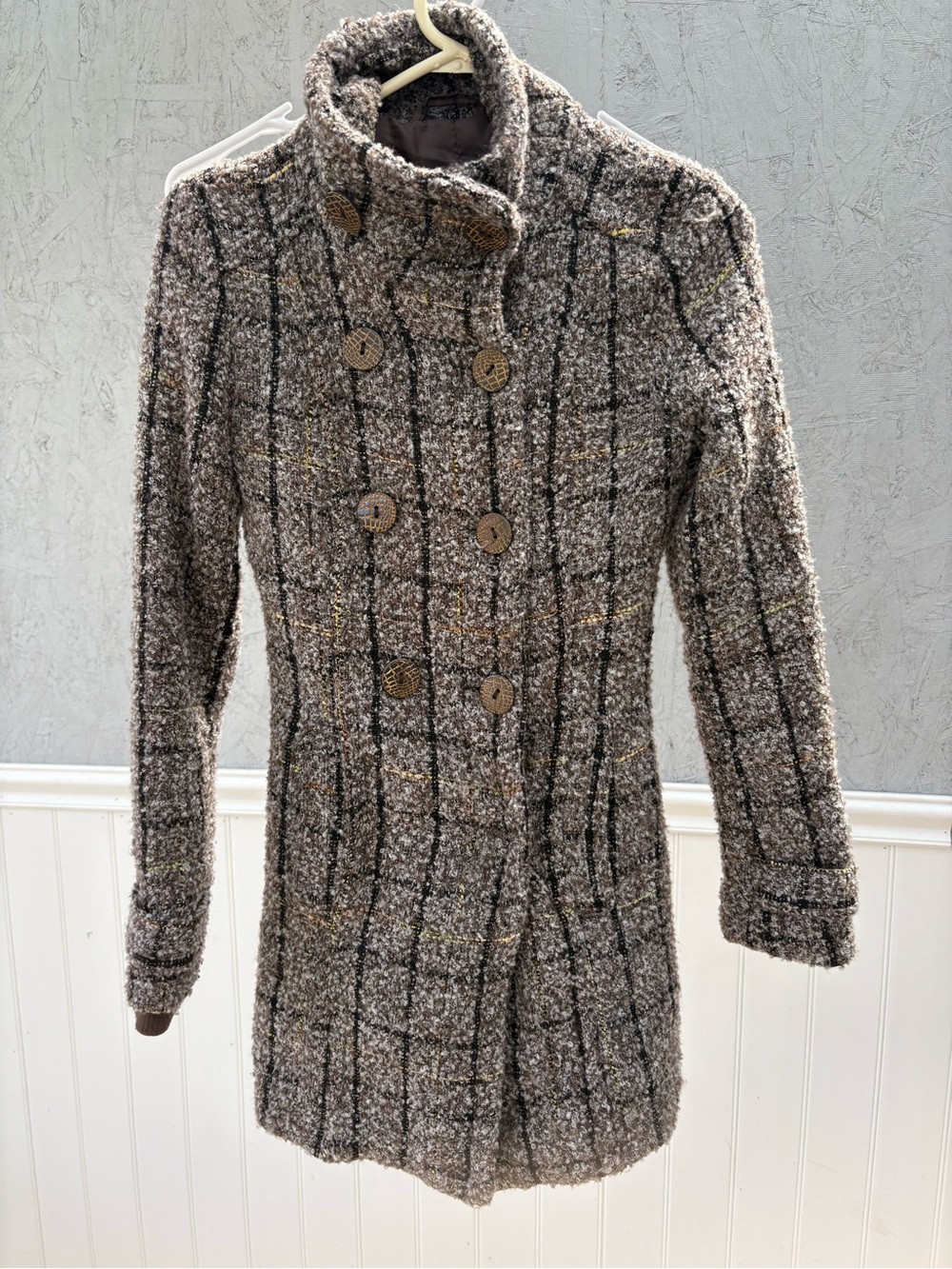 Womens Brown Tweed Double-Breasted Wool-Blend Coat